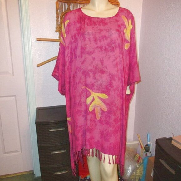 Wild Woman Tops - Vtg Wild Woman Batik Kimono Tunic Caftan Fringe Dress Hippie Boho Lagenlook OS